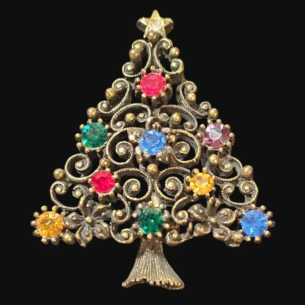 Vtg Signed JJ Gold Tone Christmas Tree Brooch Pin Multi Color Rhinestones MCM - Picture 1 of 8